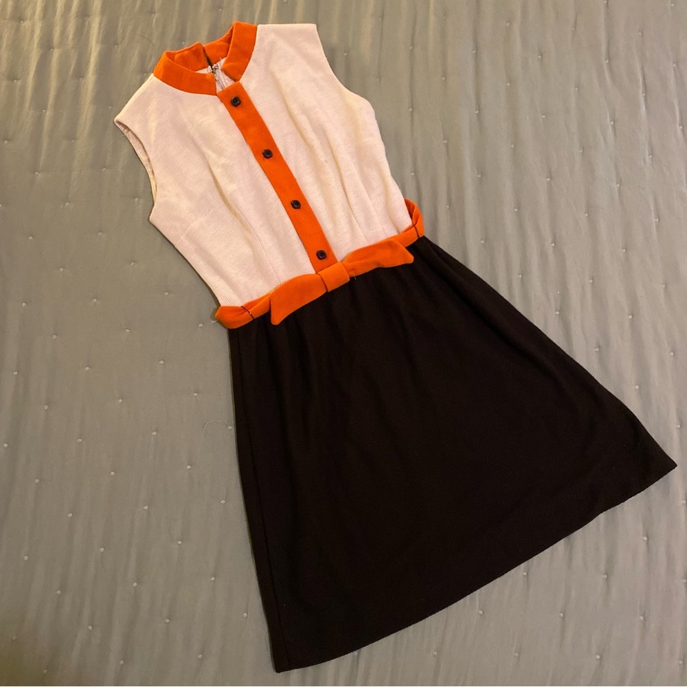Vintage 60s Orange and Brown Knit Shirtdress Mini Dress with Bow